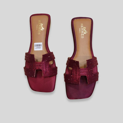 Women's Maroon Satin Crystal Flats – H-erm-es Inspired Designer Slides