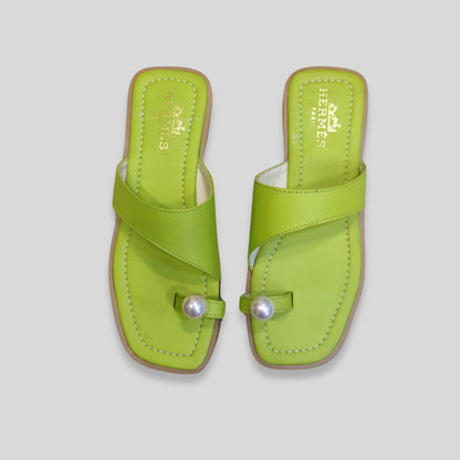 Women's Lime Green Toe Ring Flats with Pearl Detail – Stylish Summer Sandals