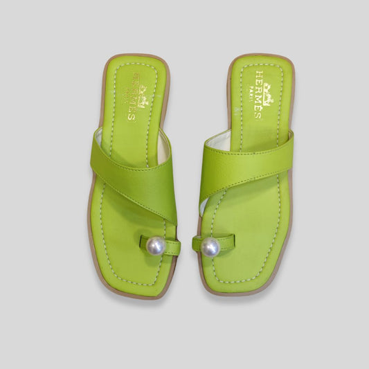 Women's Lime Green Toe Ring Flats with Pearl Detail – Stylish Summer Sandals