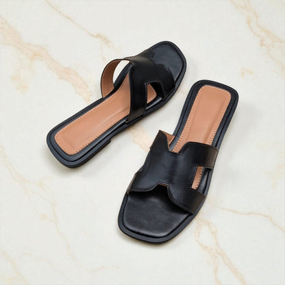 Bella Cross Slide – Black Flat Slip-On Sandals for Women