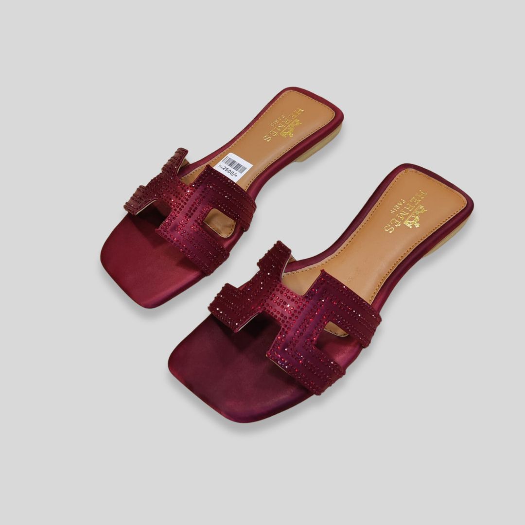 Women's Maroon Satin Crystal Flats – H-erm-es Inspired Designer Slides