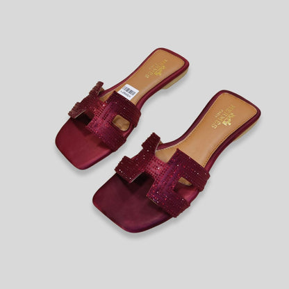 Women's Maroon Satin Crystal Flats – H-erm-es Inspired Designer Slides