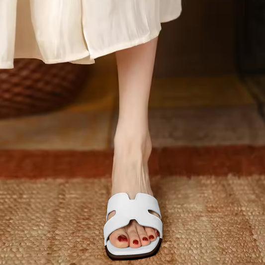 Bella Cross Slide – White Flat Slip-On Sandals for Women