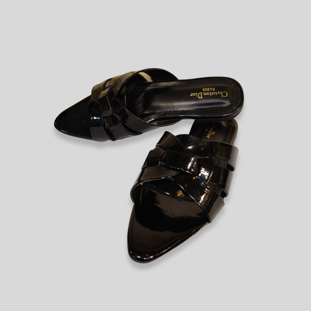 Women's Black Patent Crisscross Flats – Christian Dior Inspired Designer Slides
