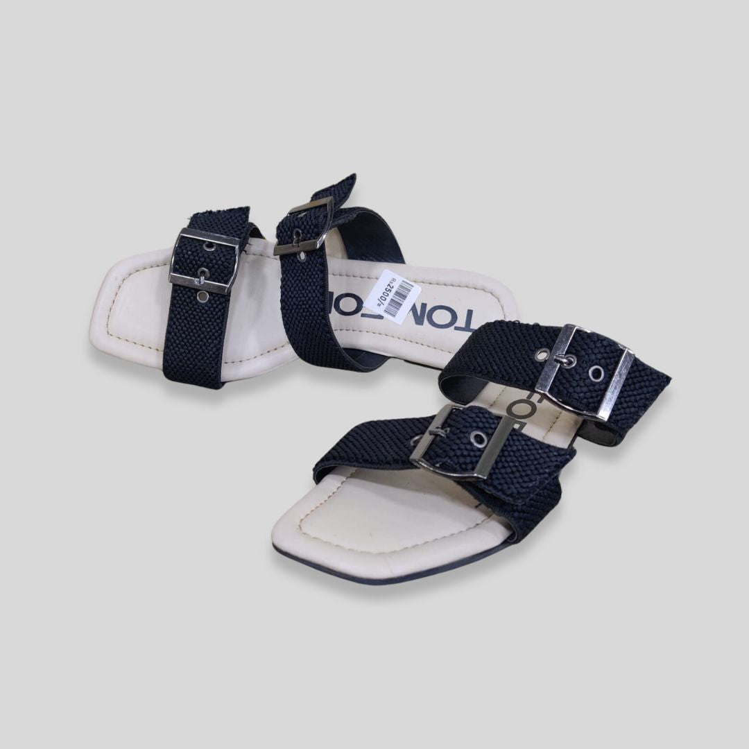 T-o-m F-or-d Inspired Dual Buckle Black Slides – Women’s Casual Flat Sandals