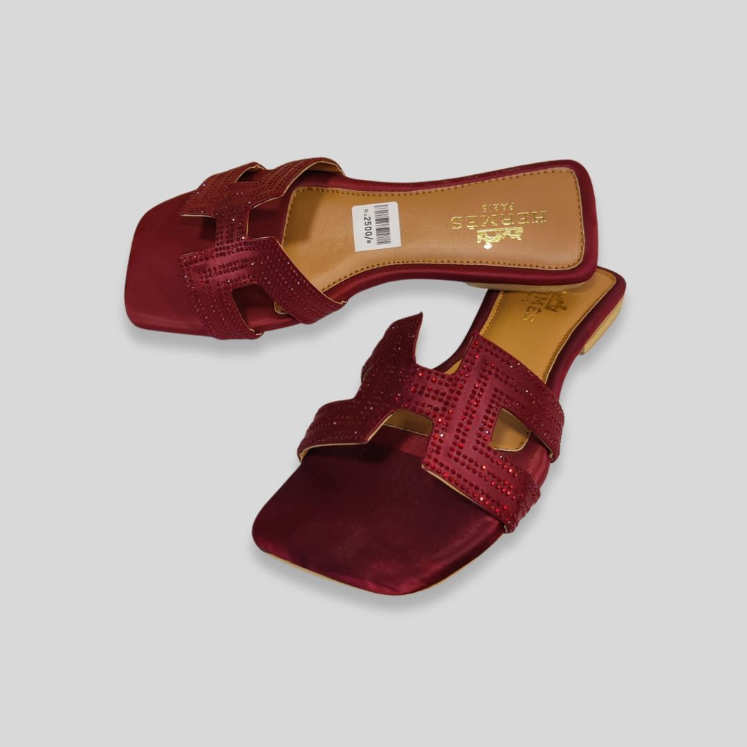 Women's Maroon Satin Crystal Flats – H-erm-es Inspired Designer Slides