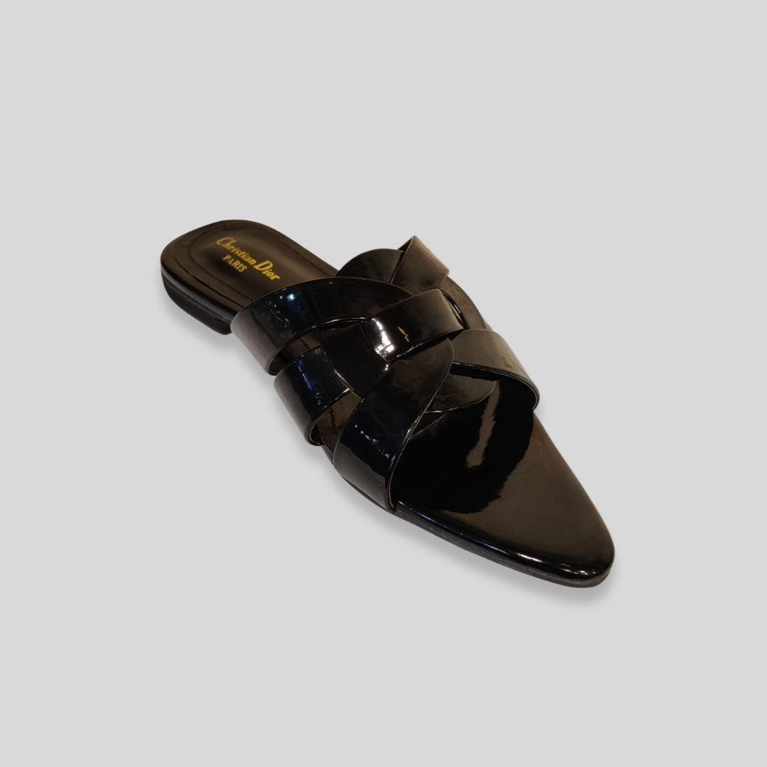 Women's Black Patent Crisscross Flats – Christian Dior Inspired Designer Slides