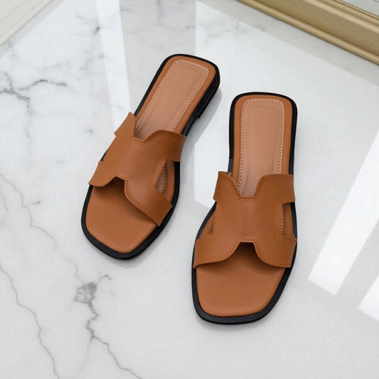 Bella Cross Slide – Mustard Flat Slip-On Sandals for Women