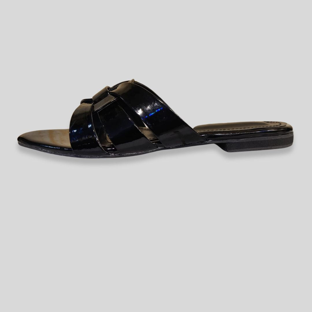 Women's Black Patent Crisscross Flats – Christian Dior Inspired Designer Slides