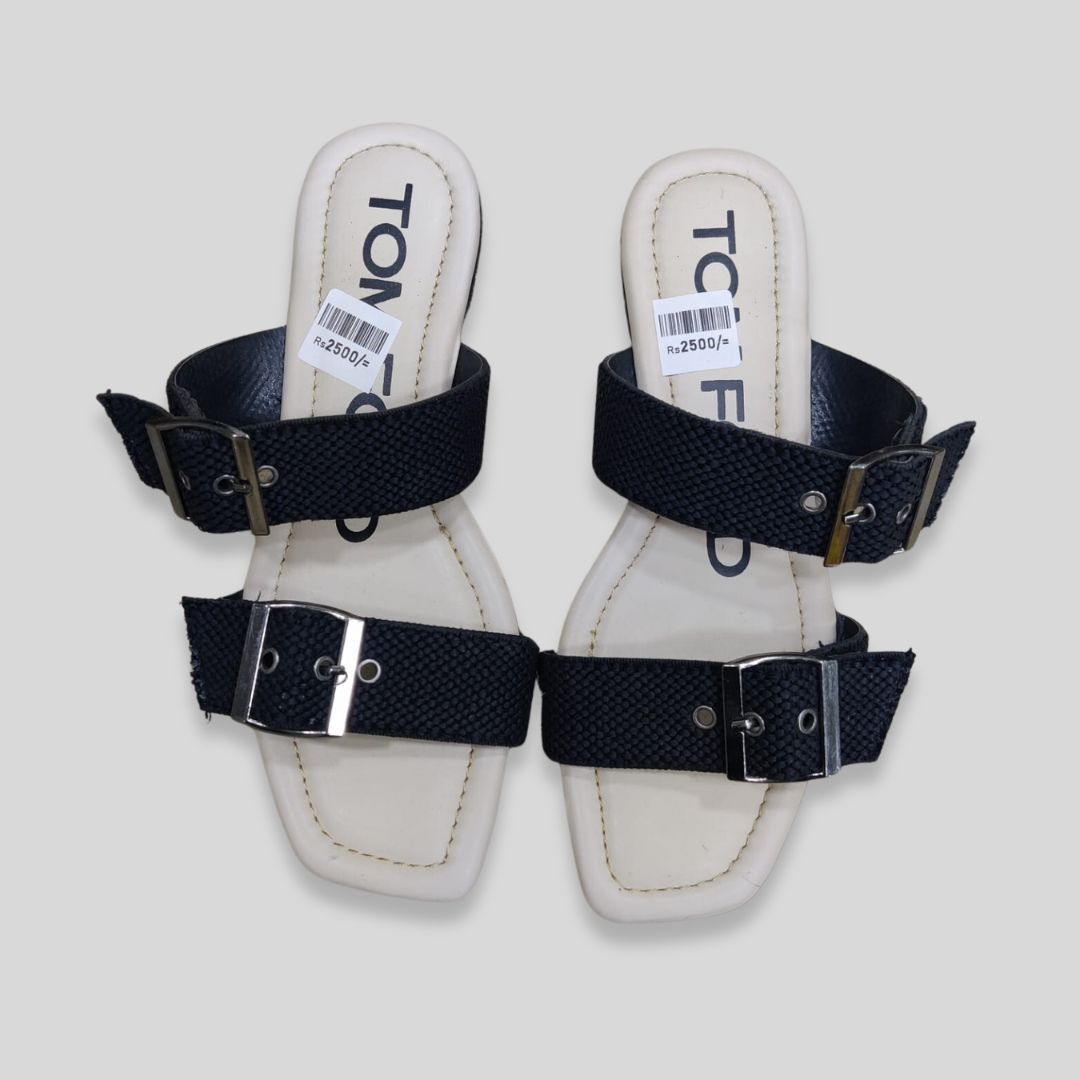 T-o-m F-or-d Inspired Dual Buckle Black Slides – Women’s Casual Flat Sandals