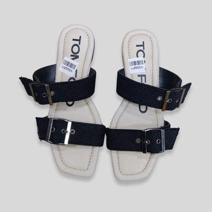 T-o-m F-or-d Inspired Dual Buckle Black Slides – Women’s Casual Flat Sandals