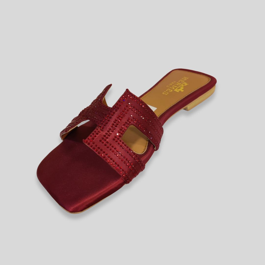 Women's Maroon Satin Crystal Flats – H-erm-es Inspired Designer Slides