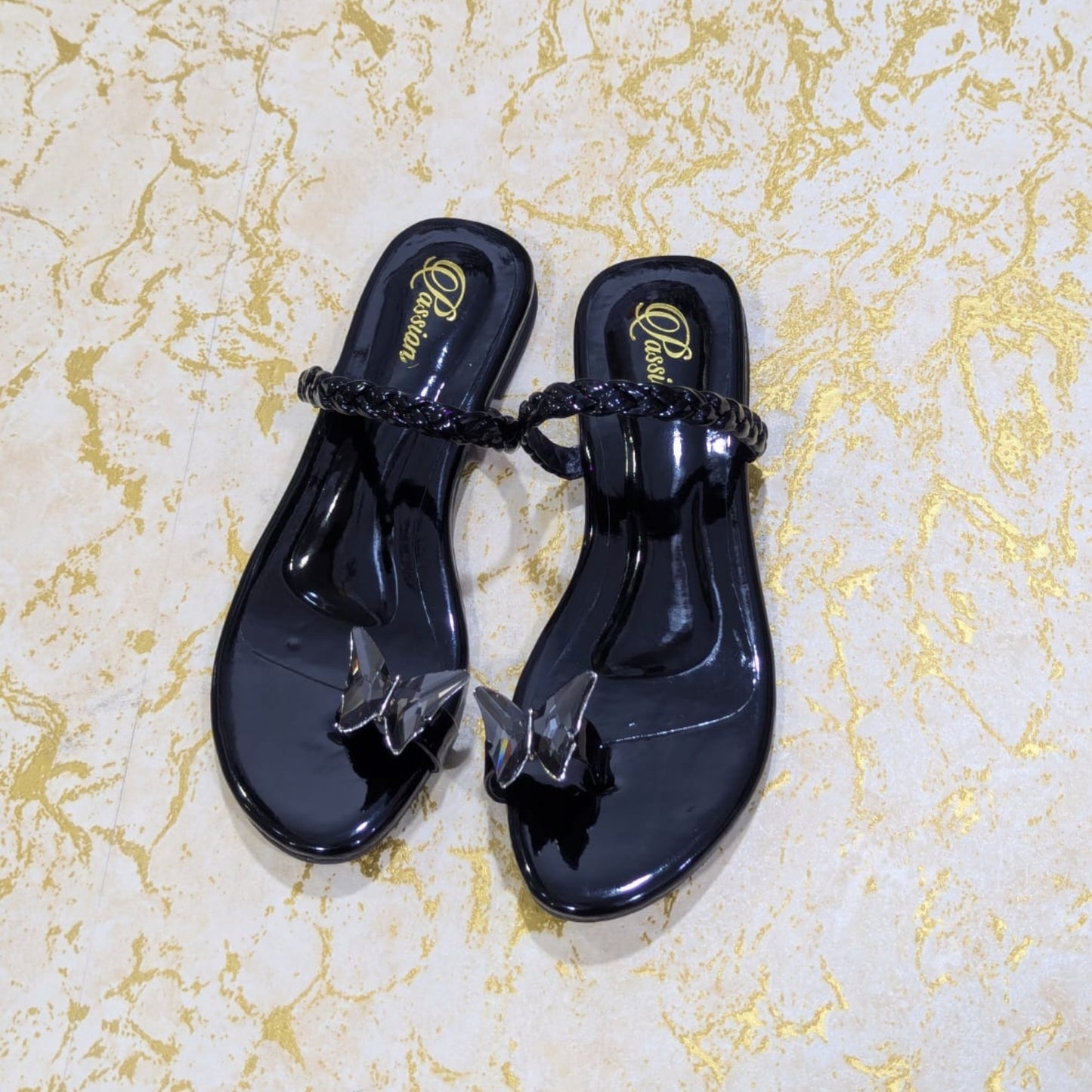 Black Butterfly Crystal Slippers – Elegant Ladies Fashion Footwear