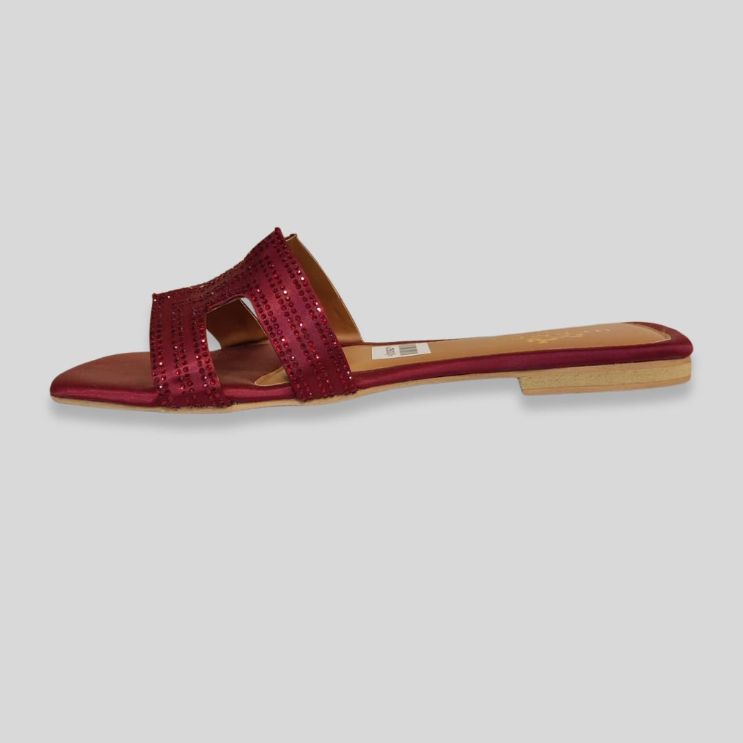 Women's Maroon Satin Crystal Flats – H-erm-es Inspired Designer Slides