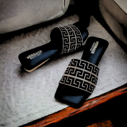 Women's Black Designer Slides with Greek Key Rhinestone Detailing – Luxury Flat Sandals
