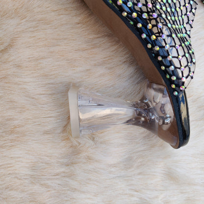 Black Crystal Mesh Slip-On Heels – Transparent Block Heel Mules for Women