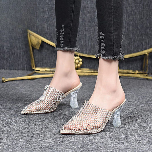 Crystal Mesh Slip-On Heels for Women – Transparent Block Heel Mules
