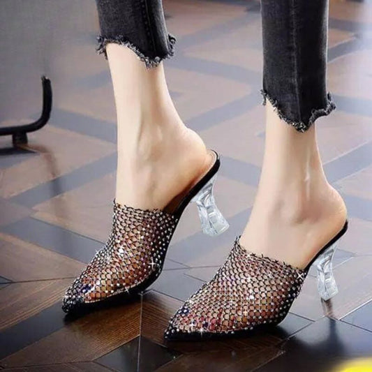 Black Crystal Mesh Slip-On Heels – Transparent Block Heel Mules for Women