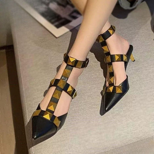 Black Valentino Garavani Roman Stud Ballet in Calfskin Heels Sandal