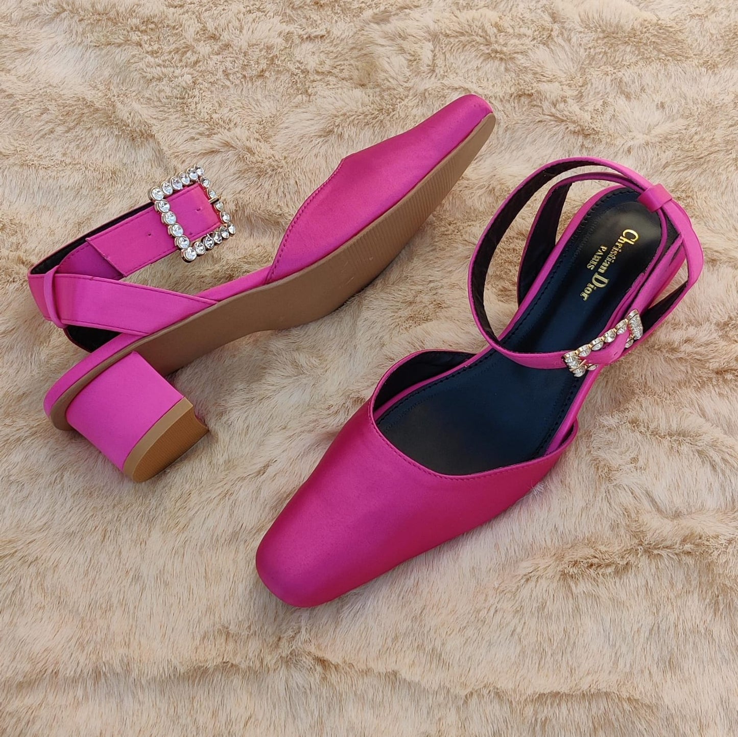 Women's Hot Pink Satin Block Heel Sandals with Crystal Buckle – Elegant Party Wear