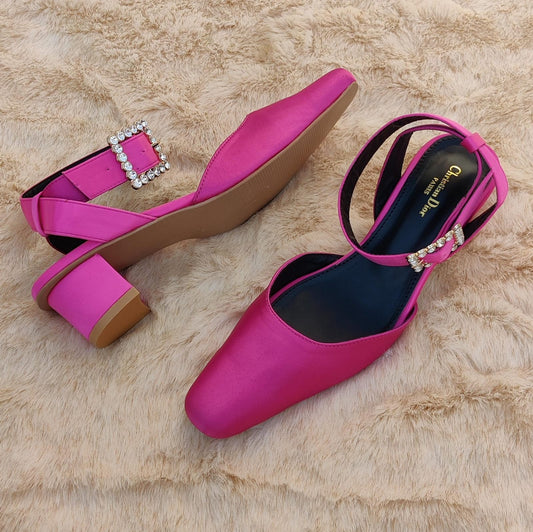 Women's Hot Pink Satin Block Heel Sandals with Crystal Buckle – Elegant Party Wear