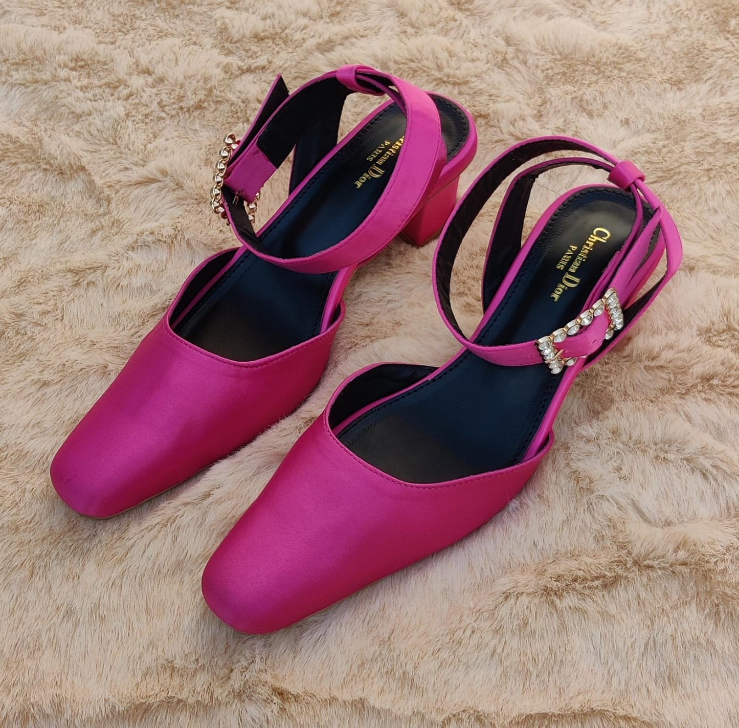 Women's Hot Pink Satin Block Heel Sandals with Crystal Buckle – Elegant Party Wear