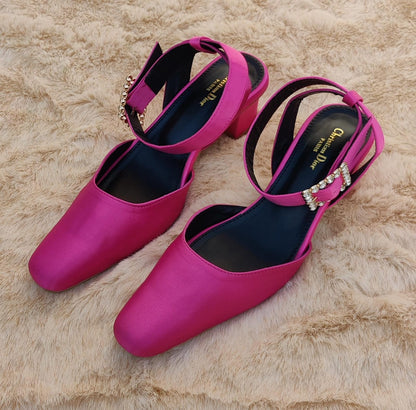 Women's Hot Pink Satin Block Heel Sandals with Crystal Buckle – Elegant Party Wear