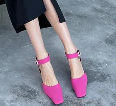 Women's Hot Pink Satin Block Heel Sandals with Crystal Buckle – Elegant Party Wear