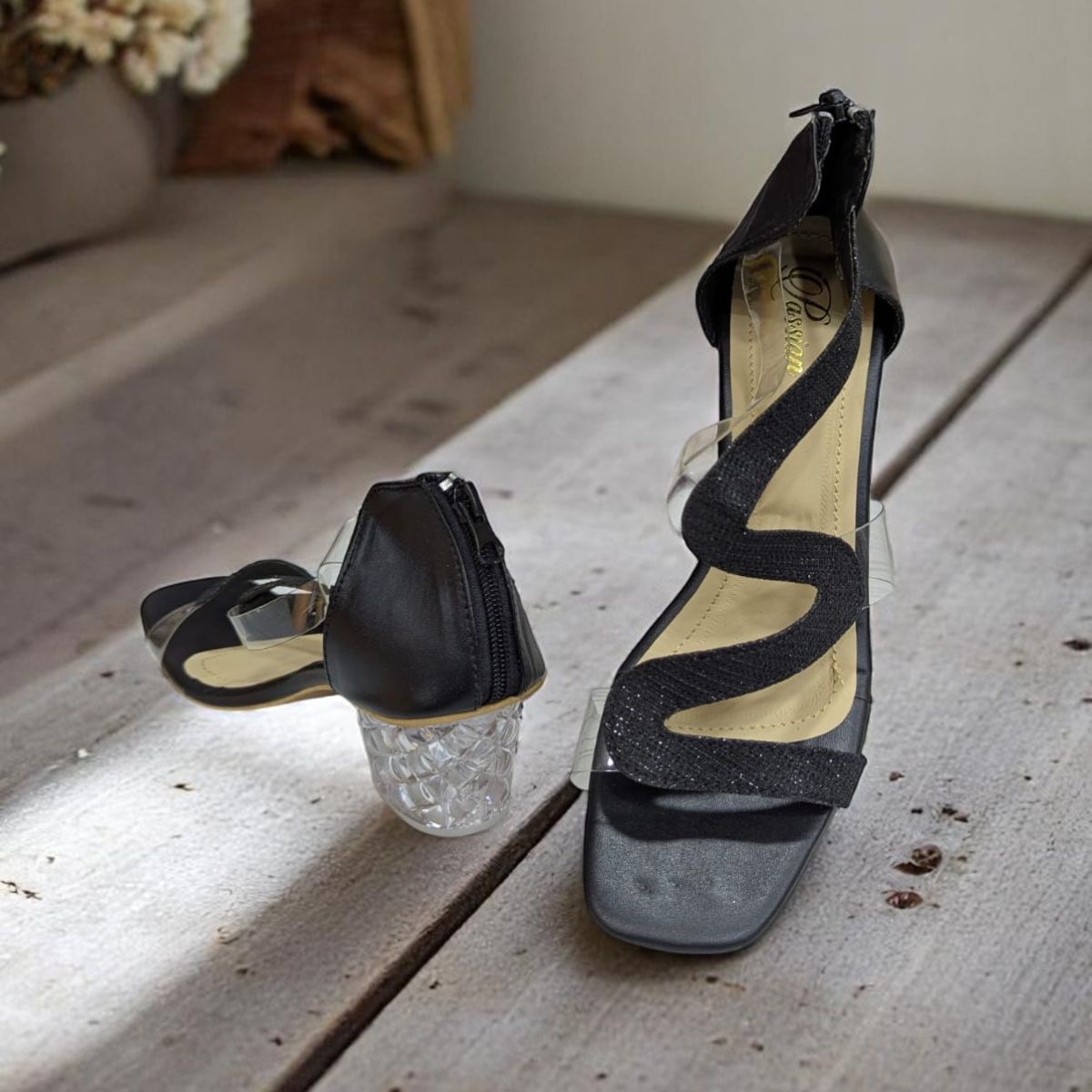 Chic Black Strappy Sandals with Glitter Sparkle