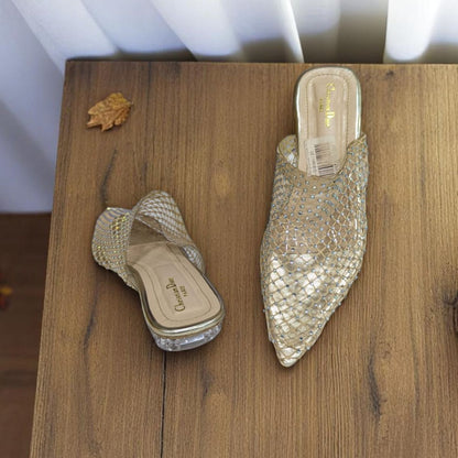 Sparkling Situation Golden net Flat Swarovski Crystals Sandal
