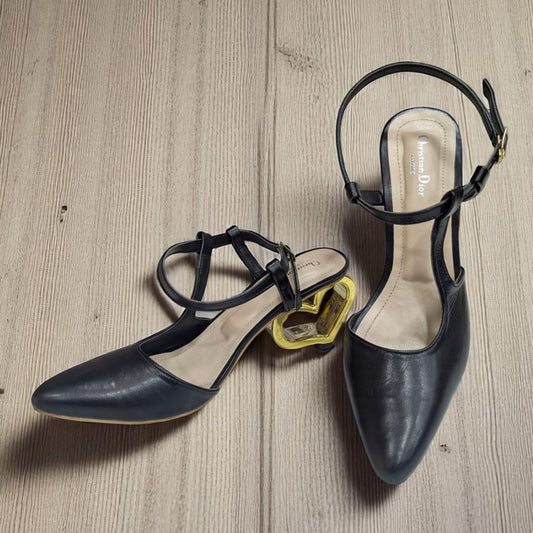 Black Stiletto Golden Love Heels Ankle Strap Pumps Sandal