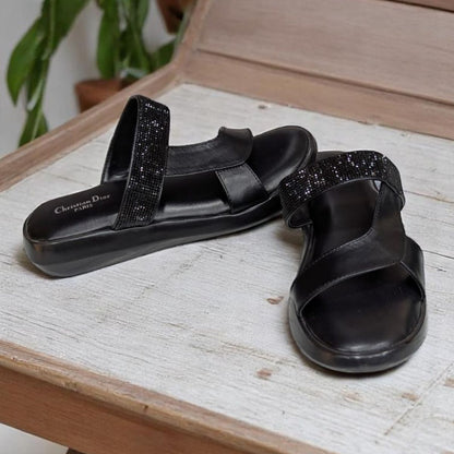 Wedges Heel With Stone Mesh Comfortable Soft Sole Black Medicated Sandals