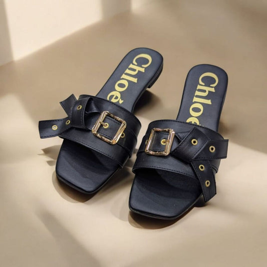 Flat Mae Buckle Embellished Black Slippers