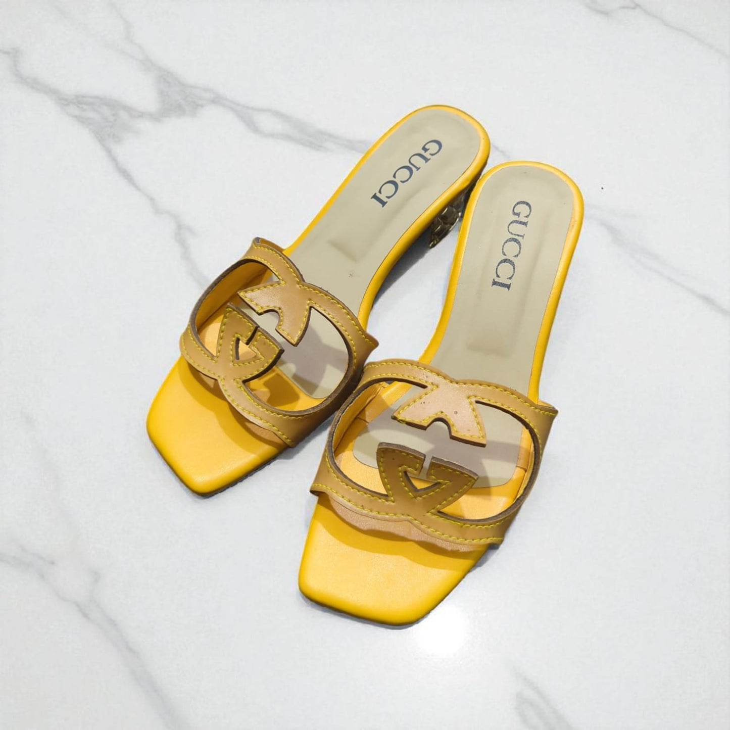 Women's Yellow & Beige Designer Heeled Slides – Metallic Block Heel | Luxury Summer Sandals