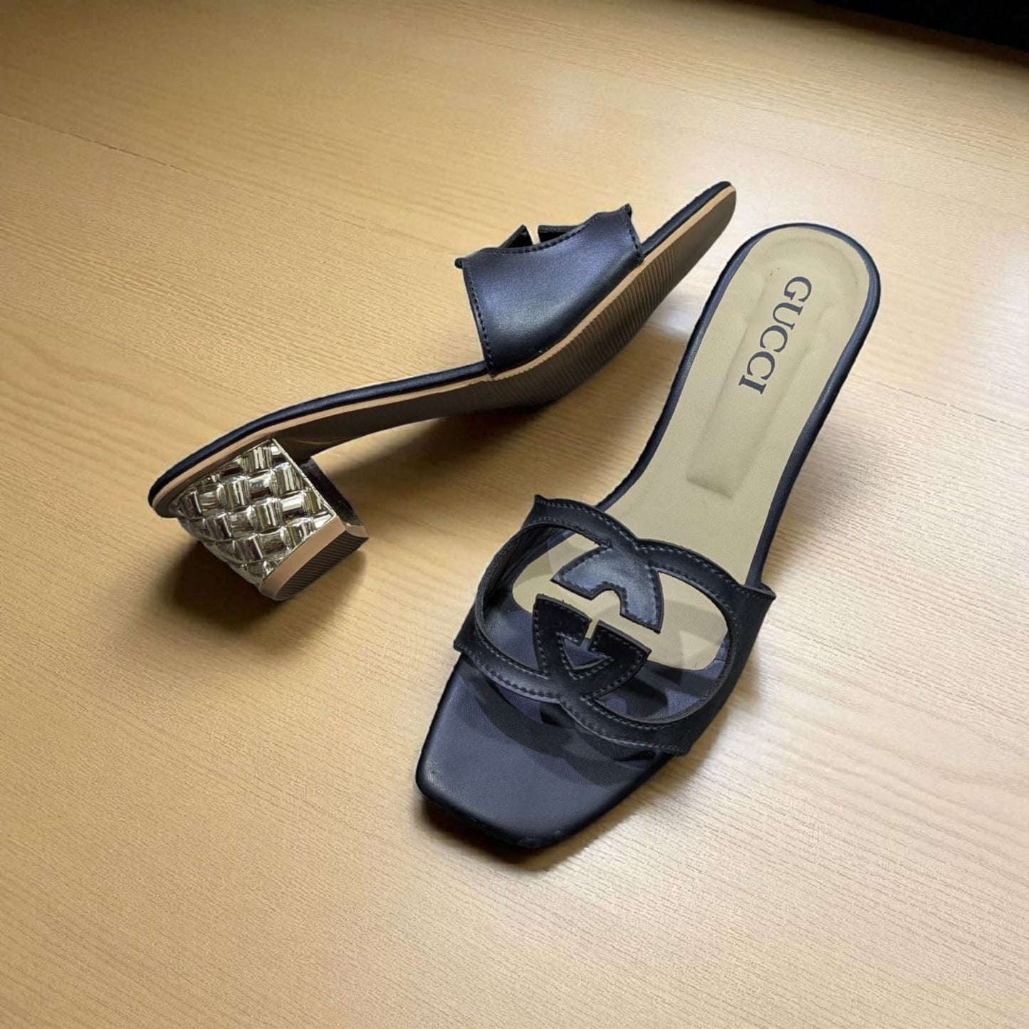 Women's Black Designer Slide Heels with Metallic Block – Luxury Square Toe Sandals