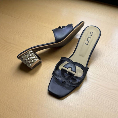 Women's Black Designer Slide Heels with Metallic Block – Luxury Square Toe Sandals