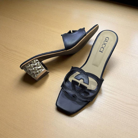 Women's Black Designer Slide Heels with Metallic Block – Luxury Square Toe Sandals