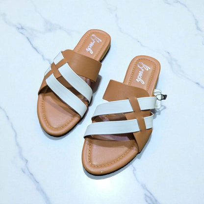 Tan & White Cross-Strap Flat Sandals for Women