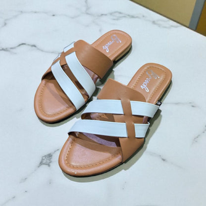 Tan & White Cross-Strap Flat Sandals for Women