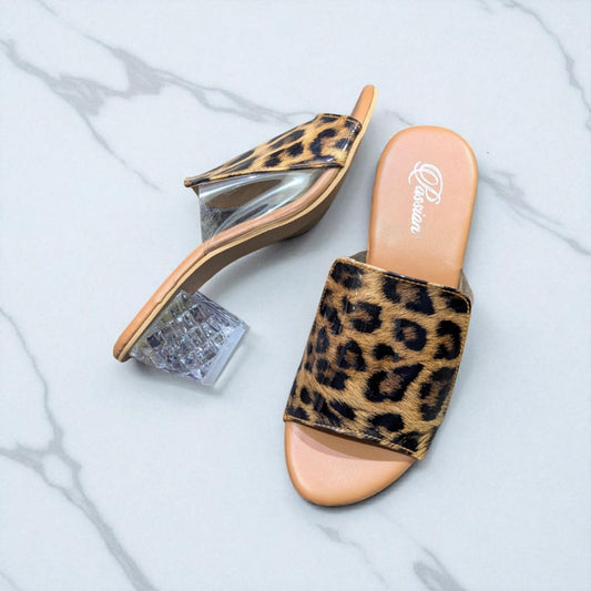 Leo-pard Print Slip-On Sandals with 2-Inch Clear Block Heel