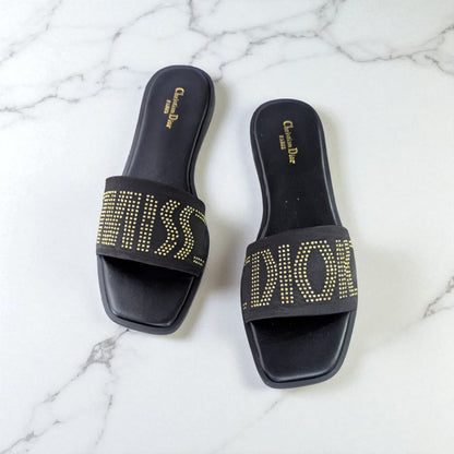 Luxury MISS DI-O-R Black Flat Slides – Crystal Studded Designer Look