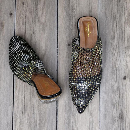 Sparkling Situation Black net Flat Swarovski Crystals Sandal