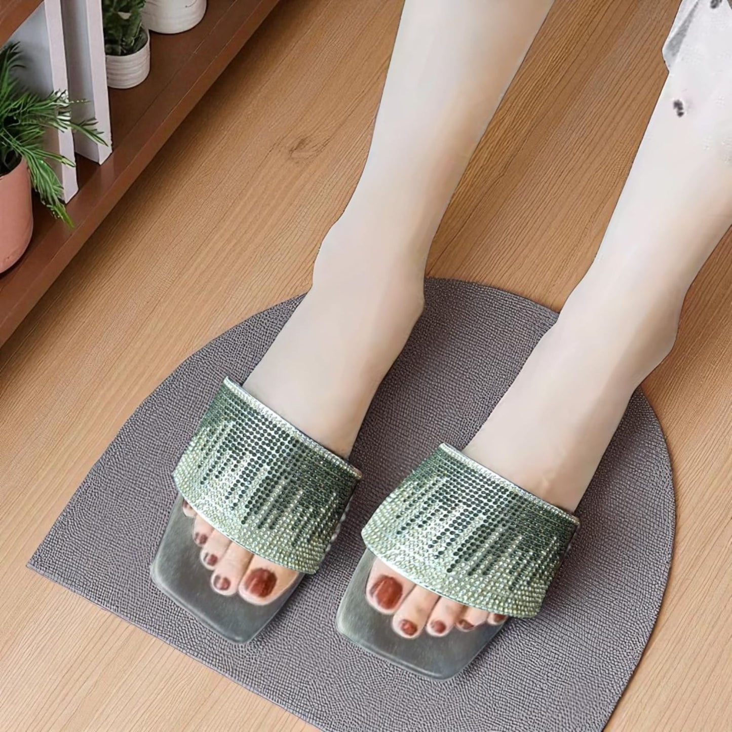 Shining Diamond Flat Silver Slippers