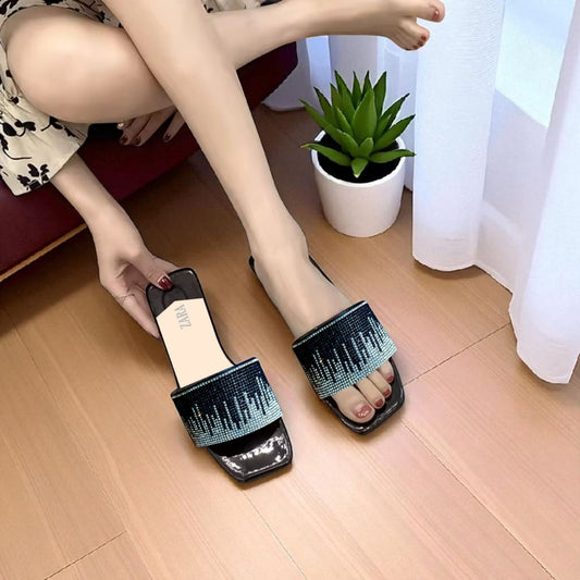Shining Diamond Flat Black Slippers