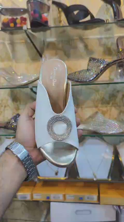 Elegant White Heart-Heel Slip-On Sandals for Women – Gold Detail Luxury Design